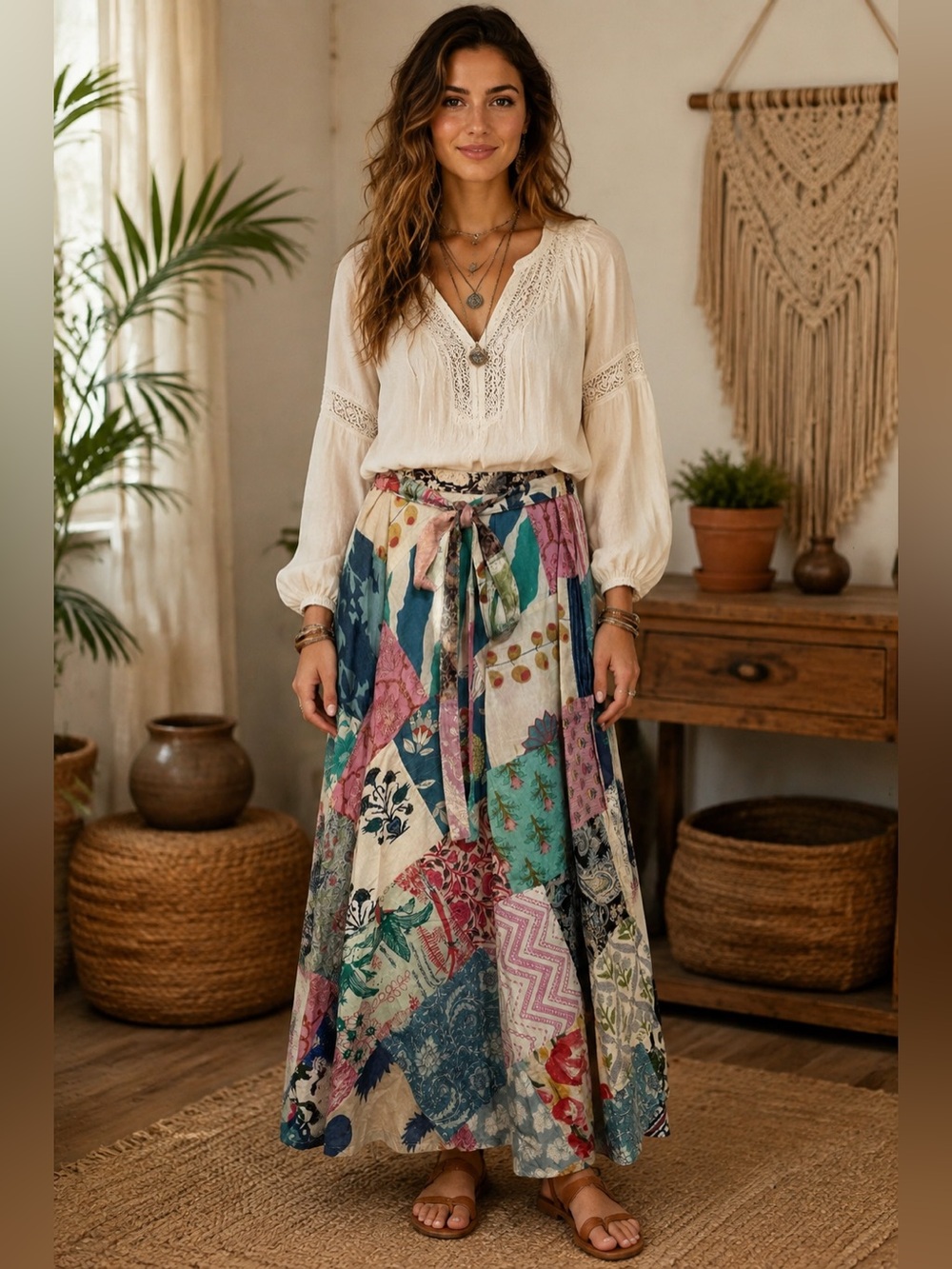 H262 Nwt Jaded Gypsy OS Wrap Patchwork Maxi Skirt in Teal, Pink, Cream & Blue
